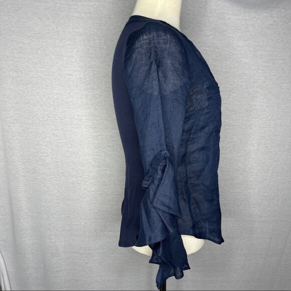 K). INC Ruffles Half arm length Sleeve V-neck Blouse Blue Petite NWT - Picture 5 of 12